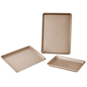 Baking Pans Set, 3-Piece, Nonstick Carbon Steel Cookware Sheets & Trays, Stackable Kitchen Oven Bakeware Cooking Sets with Silicone Handles