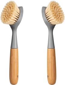 2 Pack Kitchen Dish Brush Bamboo Handle Dish Scrubber Built-in Scraper, Scrub Brush for Pans, Pots, Kitchen Sink Cleaning