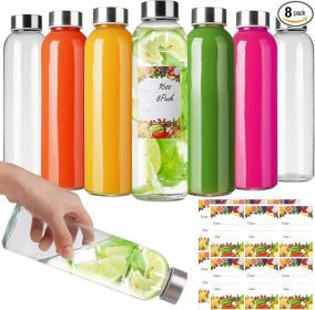 Glass Water Bottles with Stainless Steel Lids 8Pack, Reusable Empty Drinking Bottles for Juices, Smoothies, Tea, Beverages,Kombucha (16fl.oz/500m