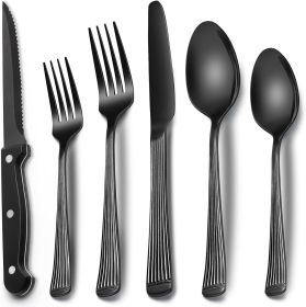 24-Piece Black Silverware Set with Steak Knives, Black Flatware Set for 4, Food-Grade Stainless Steel Tableware Cutlery Set (Material: Stainless Steel)